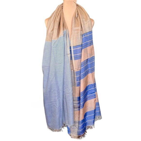 NWT Saachi Large Scarf Silk Blend Tan Blue Brocade Stripes Fringe Boho Lagenlook - Picture 6 of 12